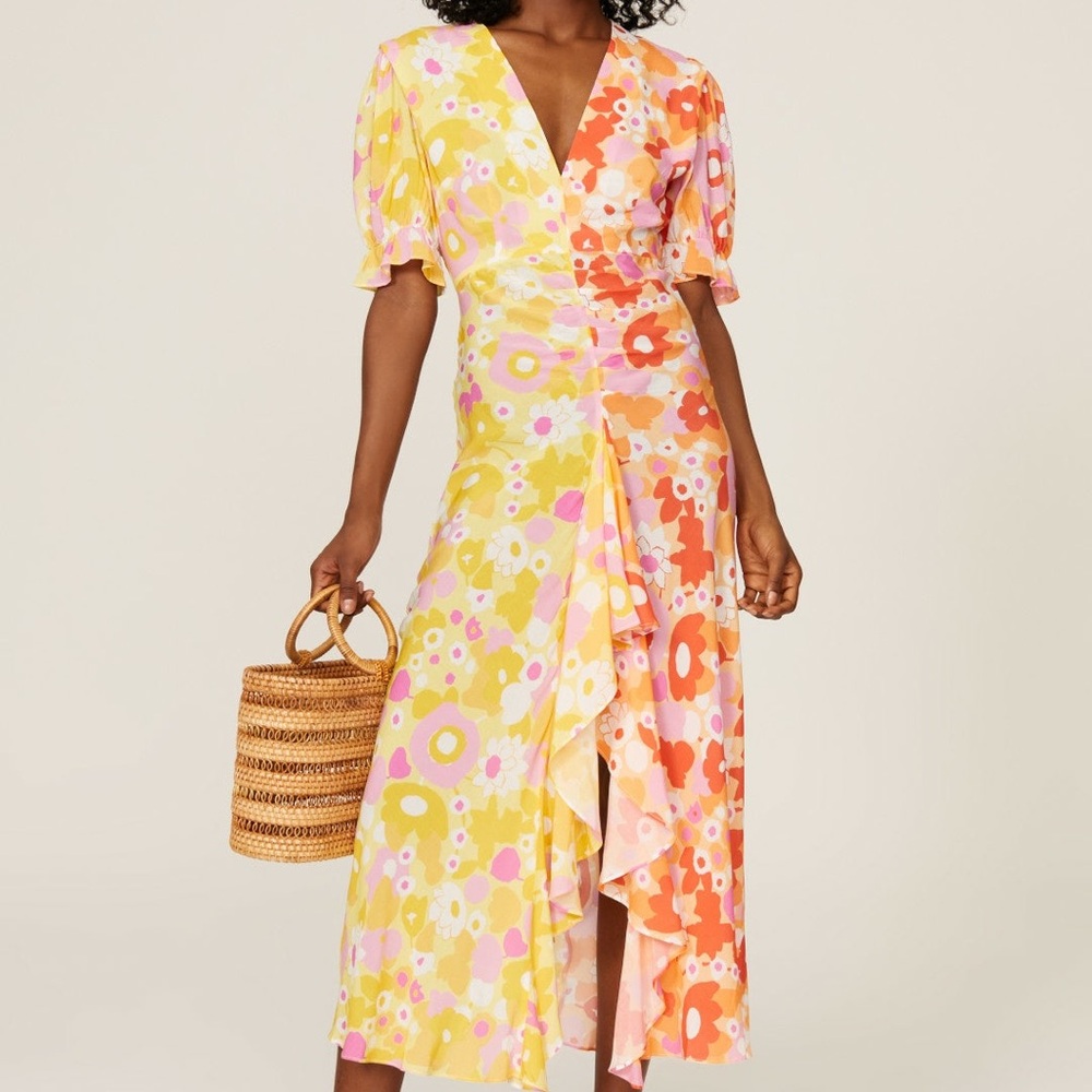 RIXO Yellow and Pink Floral Midi Dress